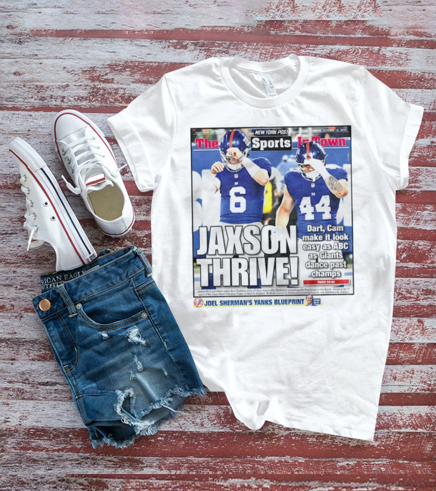 New York Post Jaxson Dart Cam Skattebo Giants Thrive Edition T-Shirt