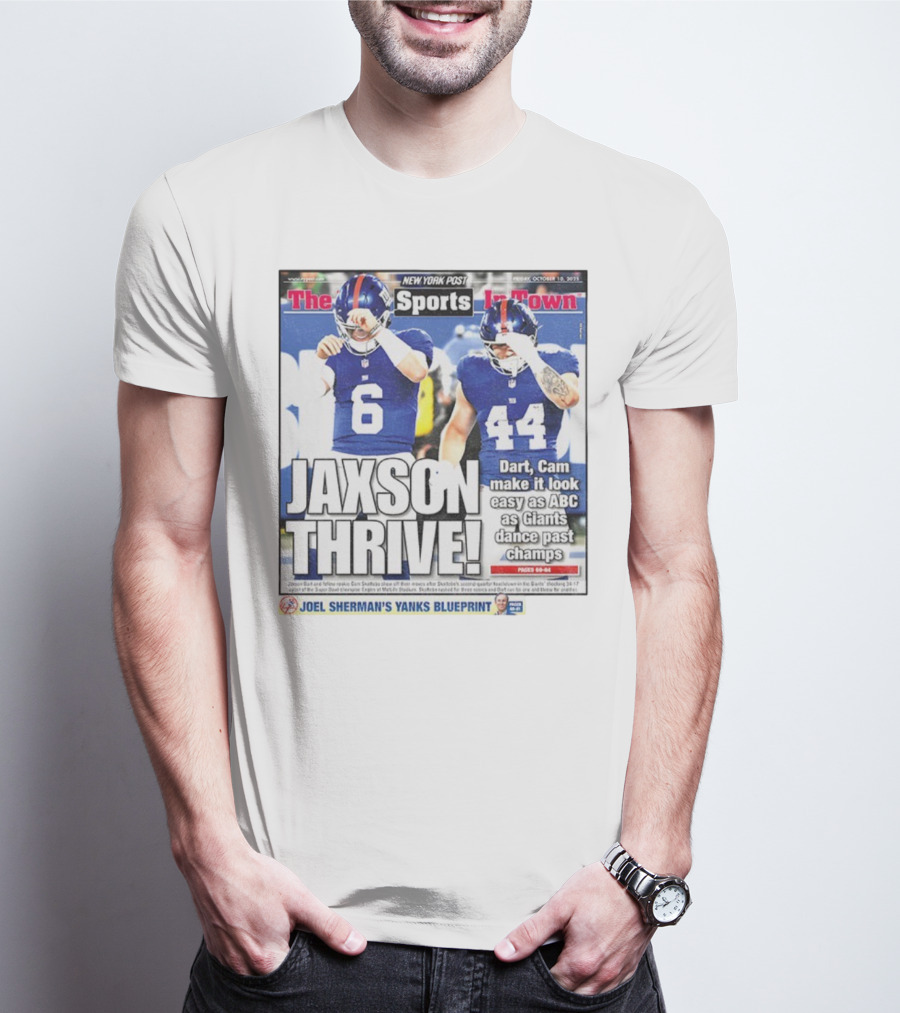 New York Post Jaxson Dart Cam Skattebo Giants Thrive Edition T-Shirt