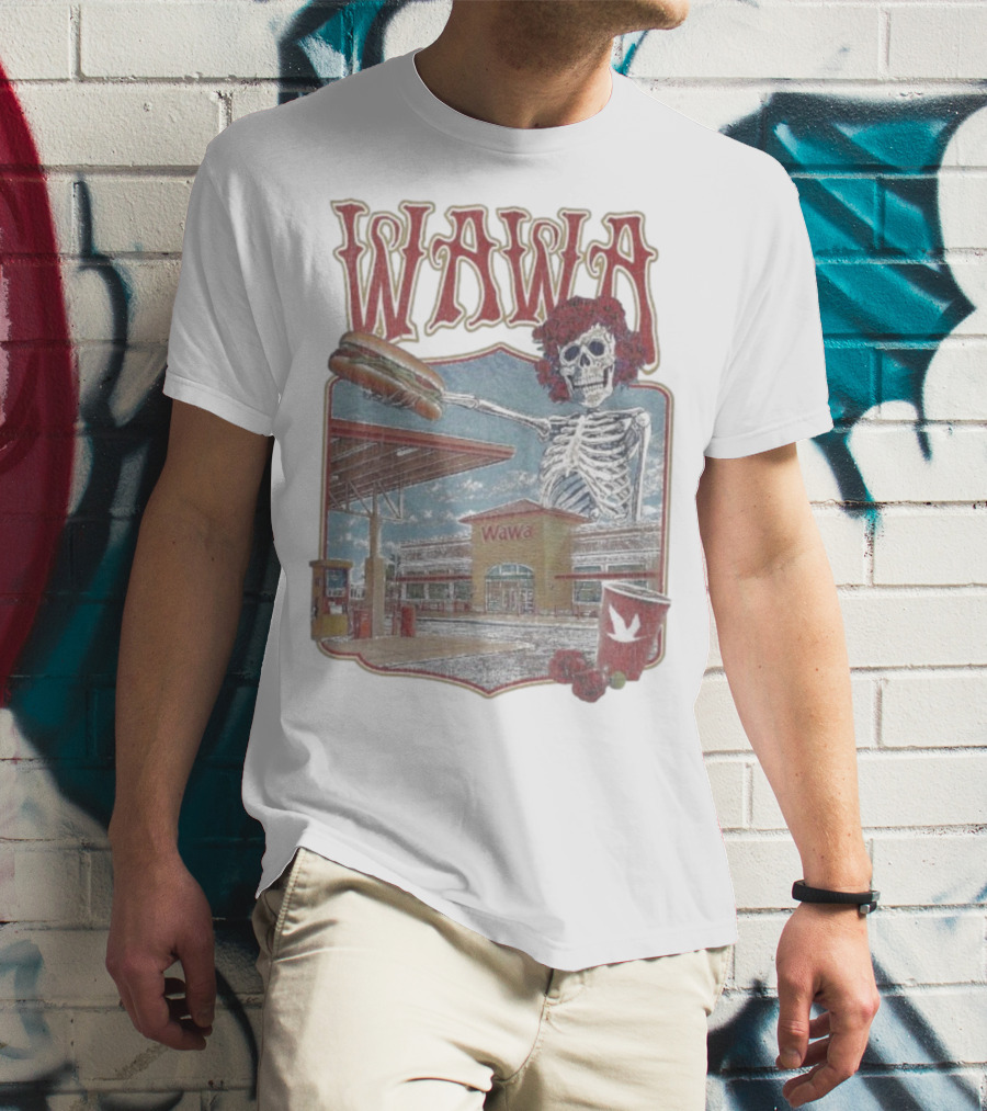 Wawa Grateful Dead Skeleton Holding Hoagie At Gas Station Scene T-Shirt