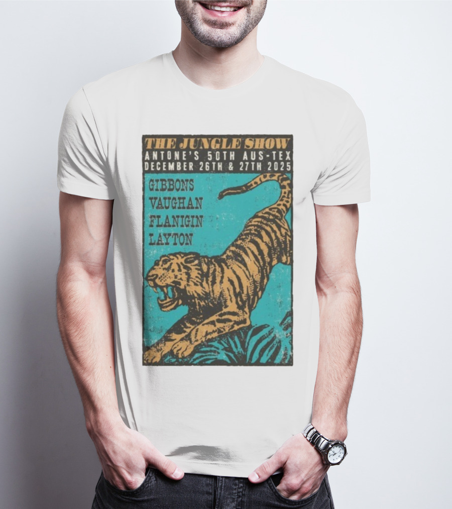 The Jungle Show Antone’s 50th Aus-Tex December 26-27 2025 Gibbons Vaughan Flanigin Layton Tiger T-Shirt