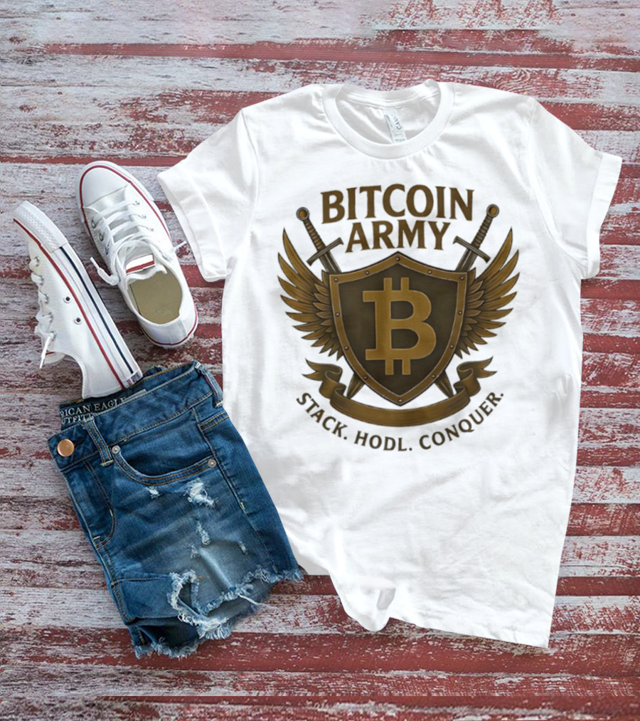 Bitcoin Army Shield Stack Hodl Conquer Crypto Warriors T-Shirt