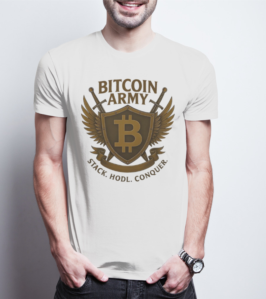 Bitcoin Army Shield Stack Hodl Conquer Crypto Warriors T-Shirt