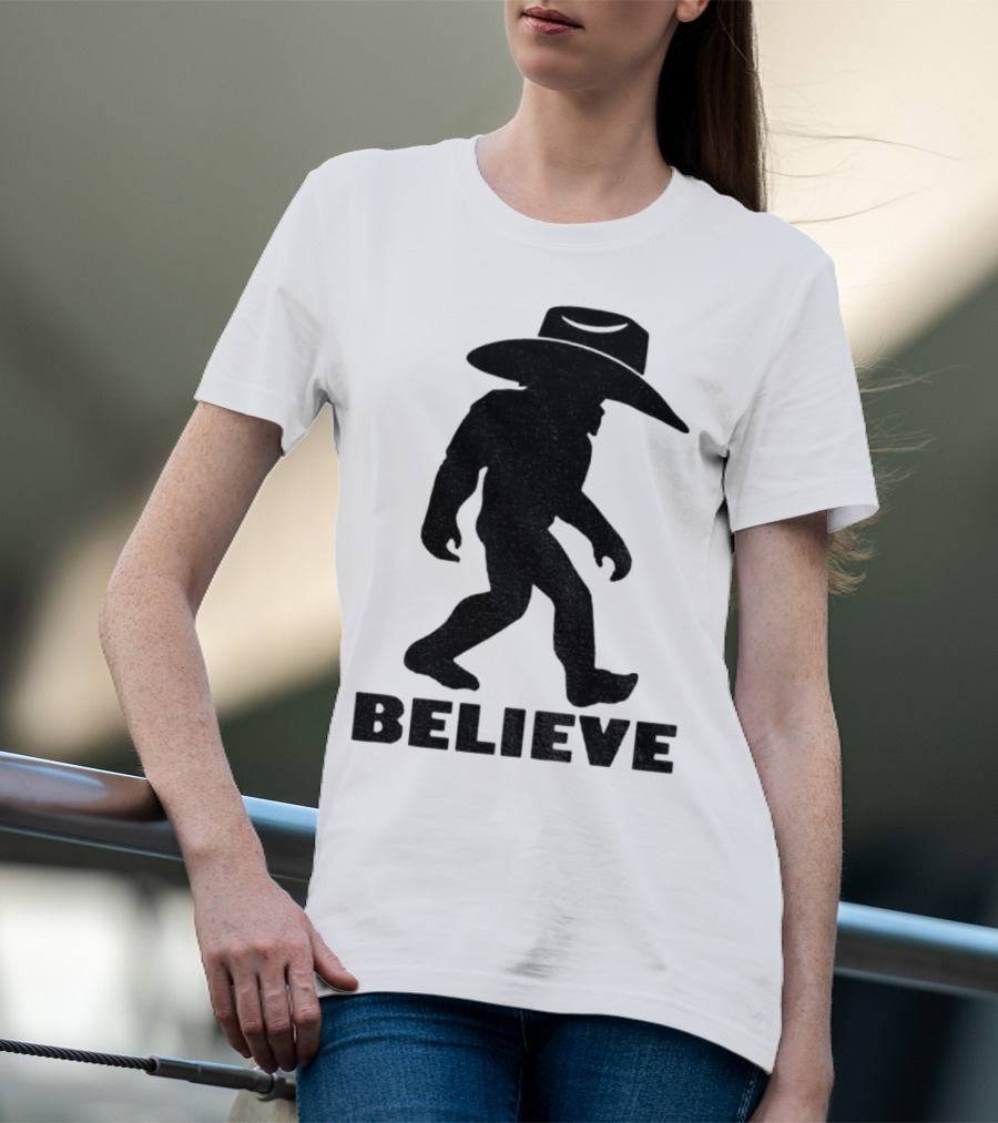 Believe Bigfoot Cowboy Hat Western Myth Legend T-Shirt