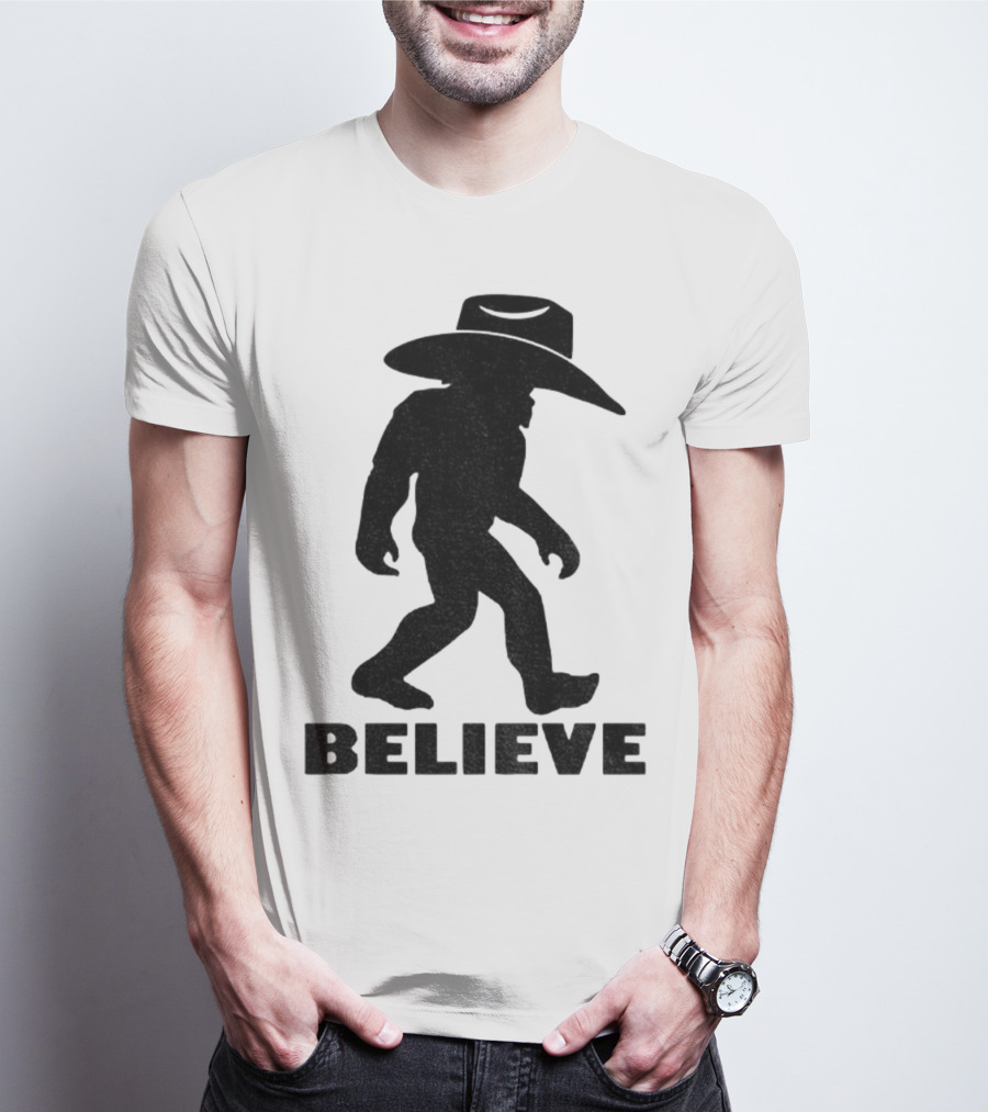 Believe Bigfoot Cowboy Hat Western Myth Legend T-Shirt