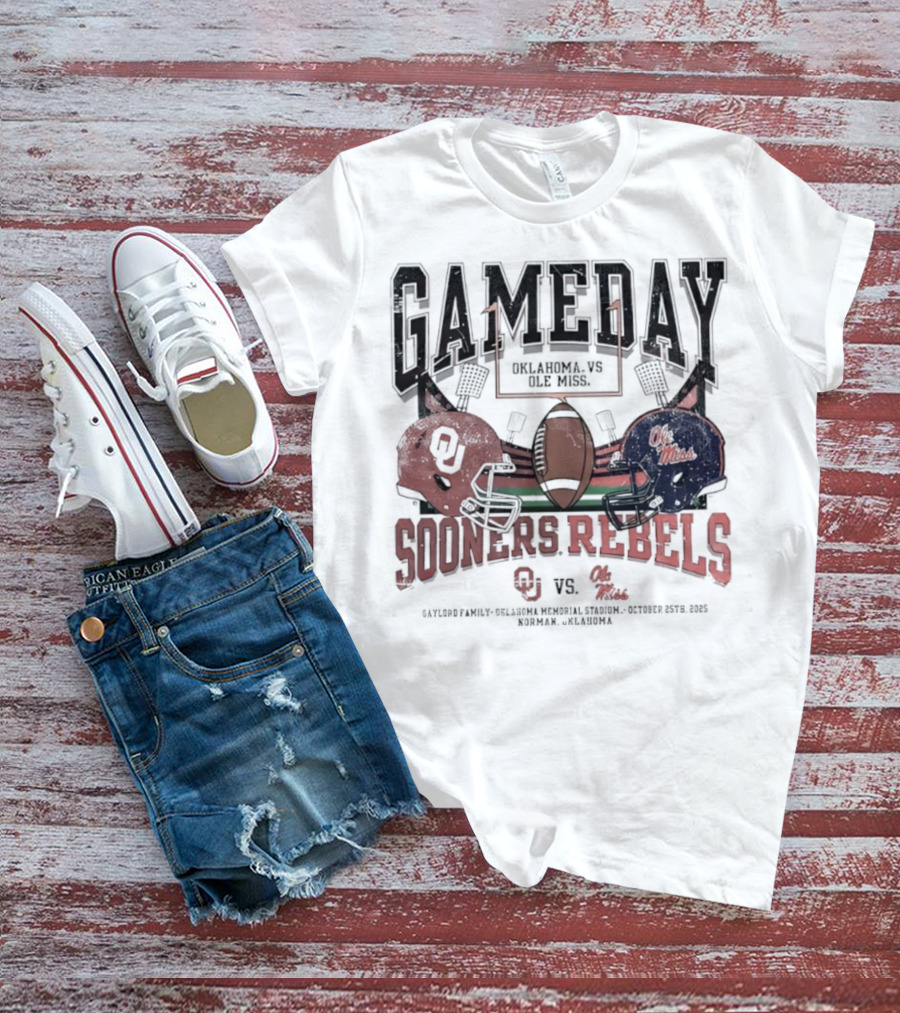 Gameday Oklahoma Sooners Vs Ole Miss Rebels Gaylord Family Oklahoma Memorial Stadium Football Helmets T-Shirt
