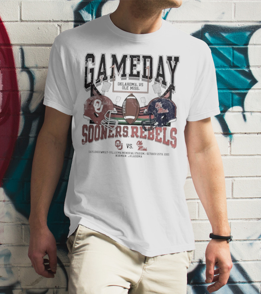 Gameday Oklahoma Sooners Vs Ole Miss Rebels Gaylord Family Oklahoma Memorial Stadium Football Helmets T-Shirt