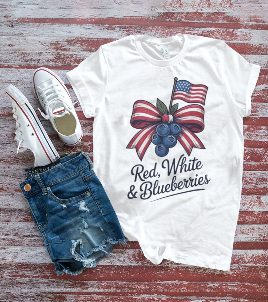 Red White Blueberries American Flag Bow T-Shirt