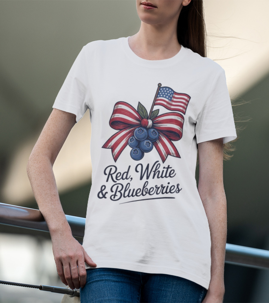 Red White Blueberries American Flag Bow T-Shirt