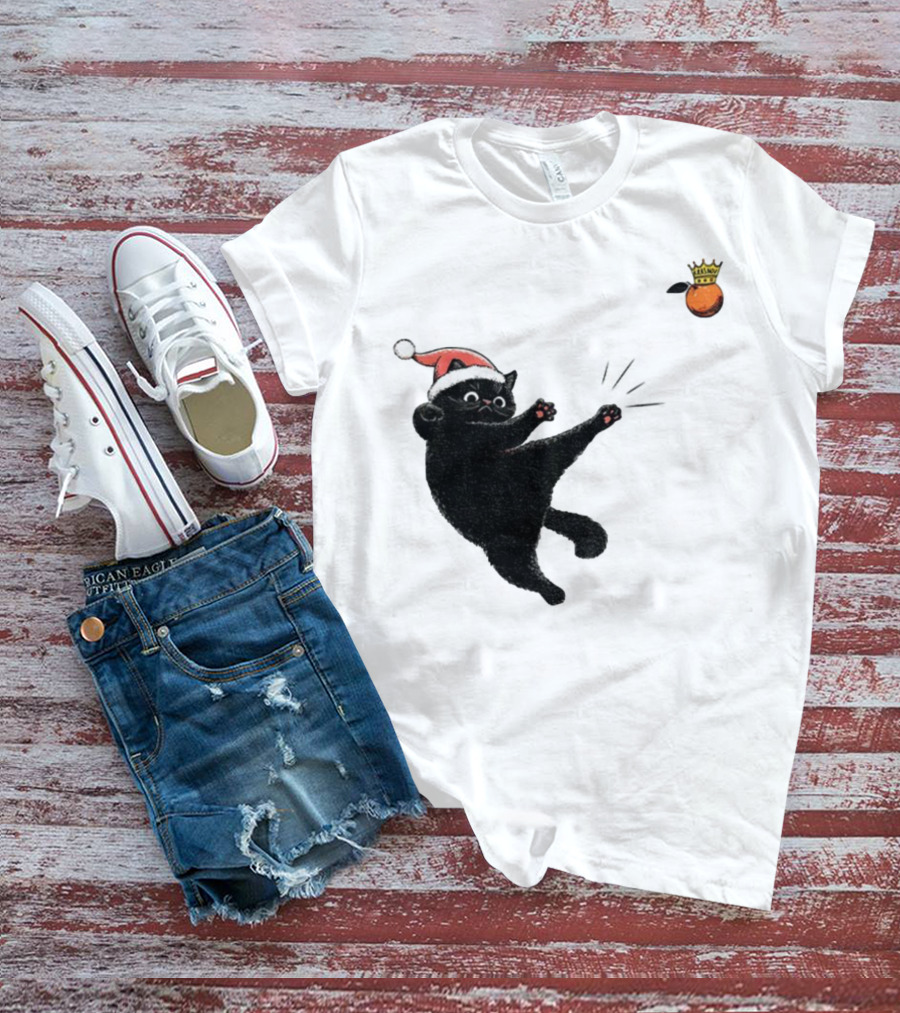 Black Cat Santa Hat Kicking Crowned Orange No Kings Christmas Anti-Trump T-Shirt