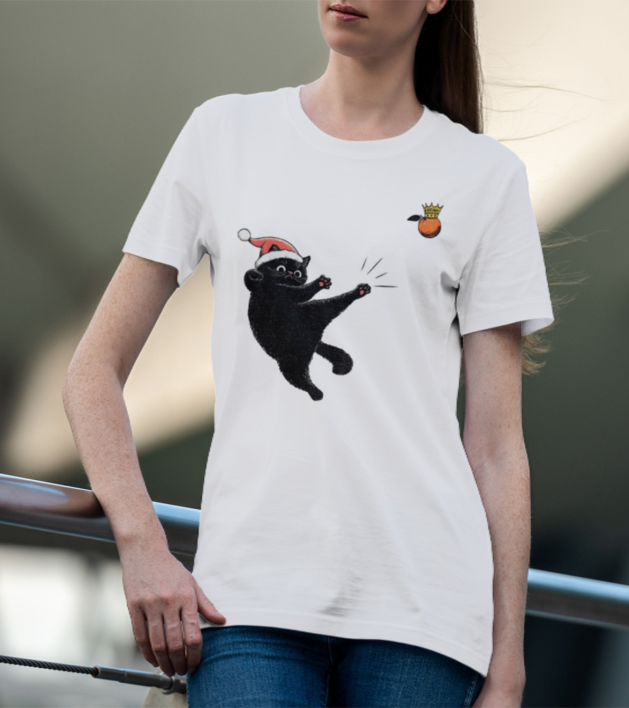 Black Cat Santa Hat Kicking Crowned Orange No Kings Christmas Anti-Trump T-Shirt