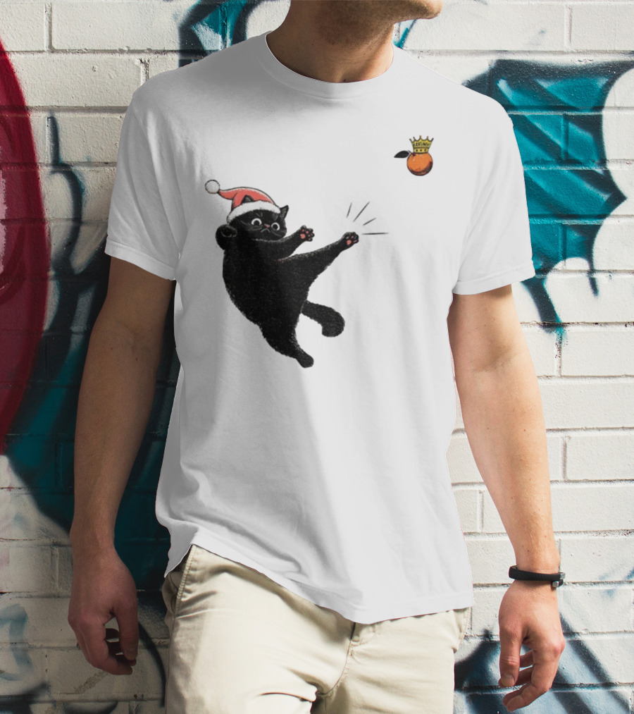 Black Cat Santa Hat Kicking Crowned Orange No Kings Christmas Anti-Trump T-Shirt