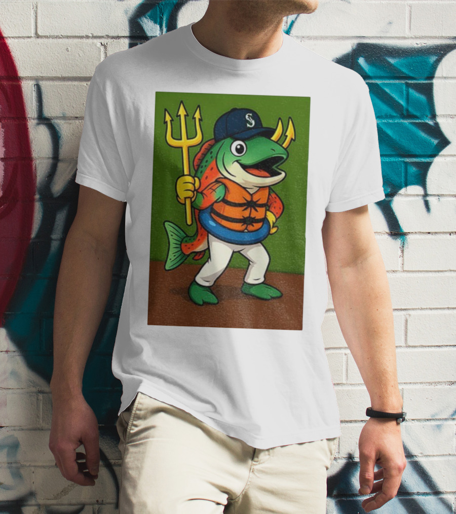 Seattle Mariners 2025 Humpy Salmon Mascot With Trident T-Shirt