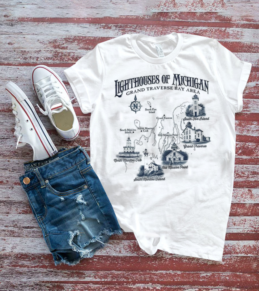 Lighthouses Of Michigan Grand Traverse Bay Area White Shoal South Fox Island Old Mission Grand Traverse South Manitou Northport T-Shirt