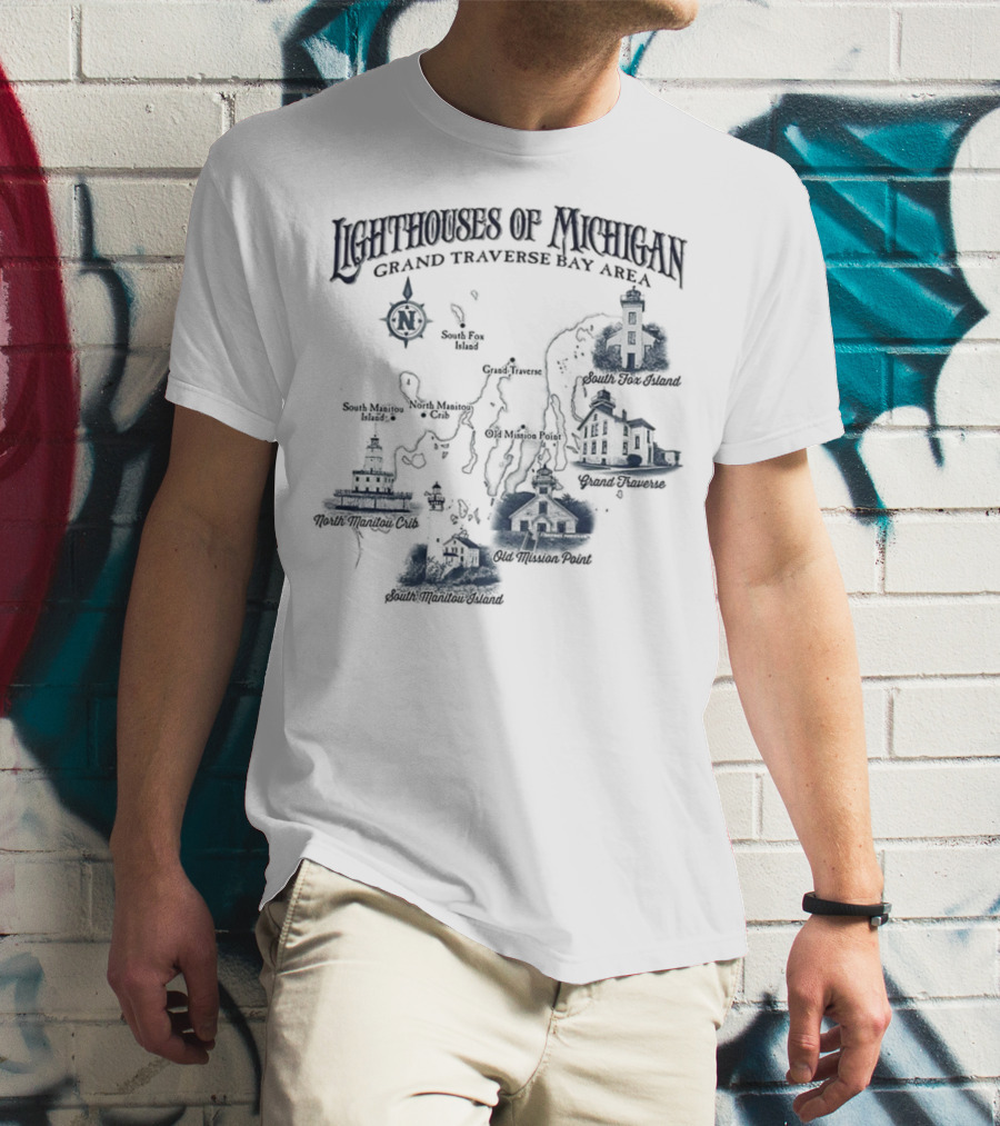 Lighthouses Of Michigan Grand Traverse Bay Area White Shoal South Fox Island Old Mission Grand Traverse South Manitou Northport T-Shirt