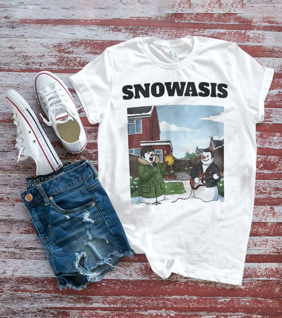 Snowasis Snowman Winter Oasis Vintage Guitar Tambourine Scene T-Shirt