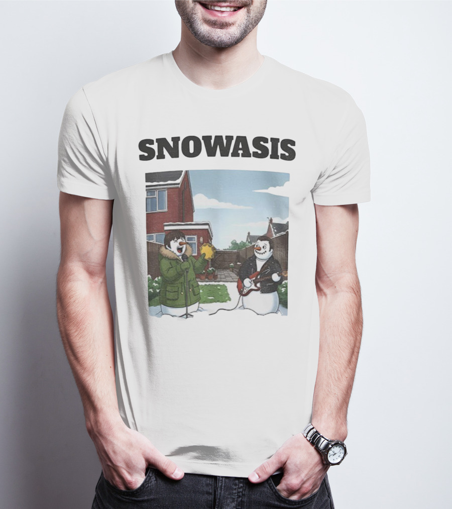 Snowasis Snowman Winter Oasis Vintage Guitar Tambourine Scene T-Shirt