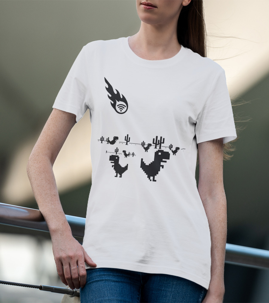 WiFi Meteor Extinction Dinosaur Game Pixel Art T-Shirt