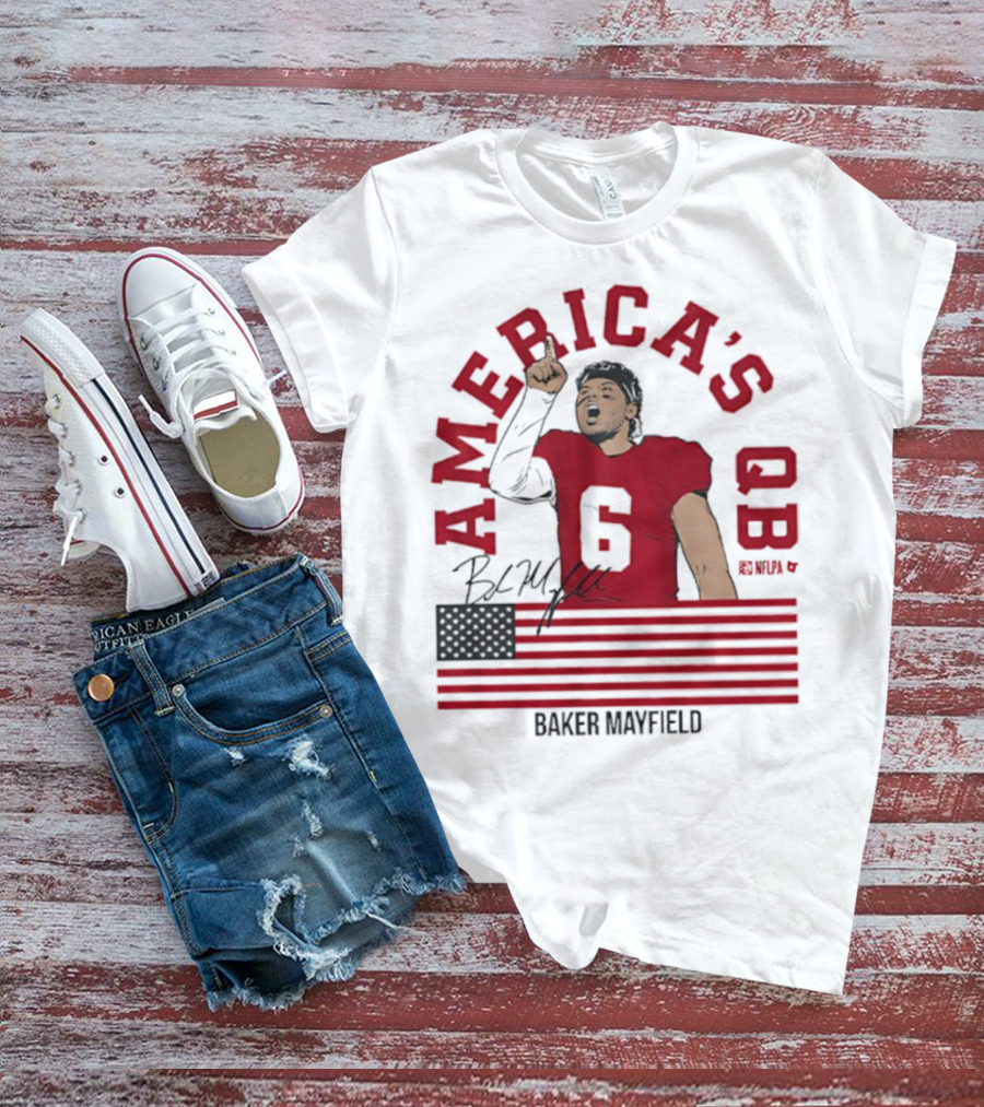 Baker Mayfield America's QB Number 6 USA Flag Signature T-Shirt
