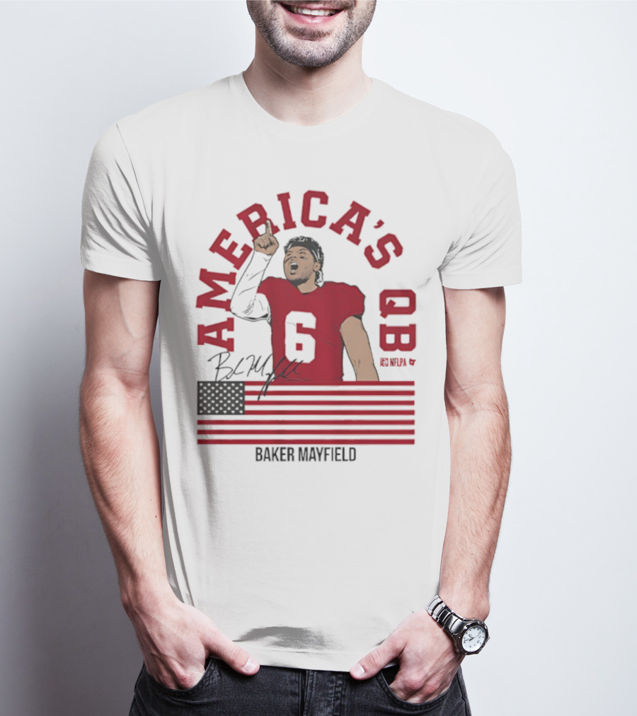 Baker Mayfield America's QB Number 6 USA Flag Signature T-Shirt