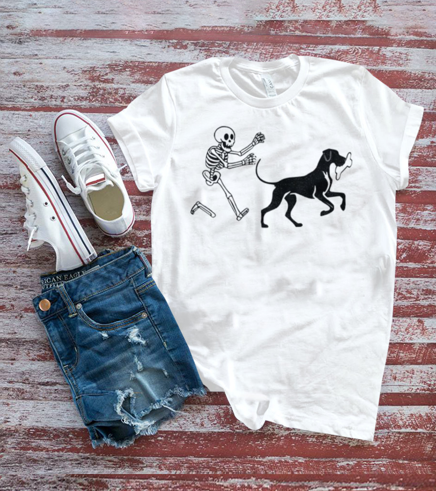 Skeleton Chasing Dog With Bone Funny Meme Halloween T-Shirt
