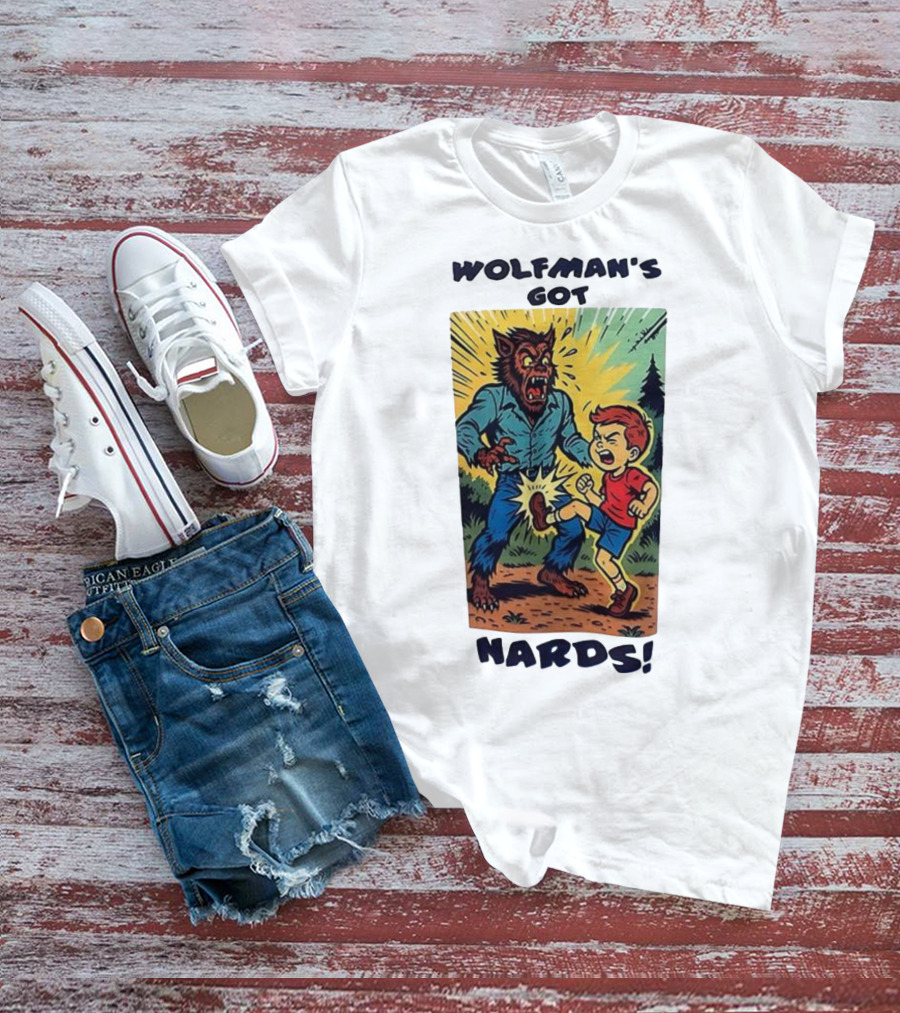 Wolfman’s Got Nards Vintage Comic Style Kid Kicking Wolfman T-Shirt