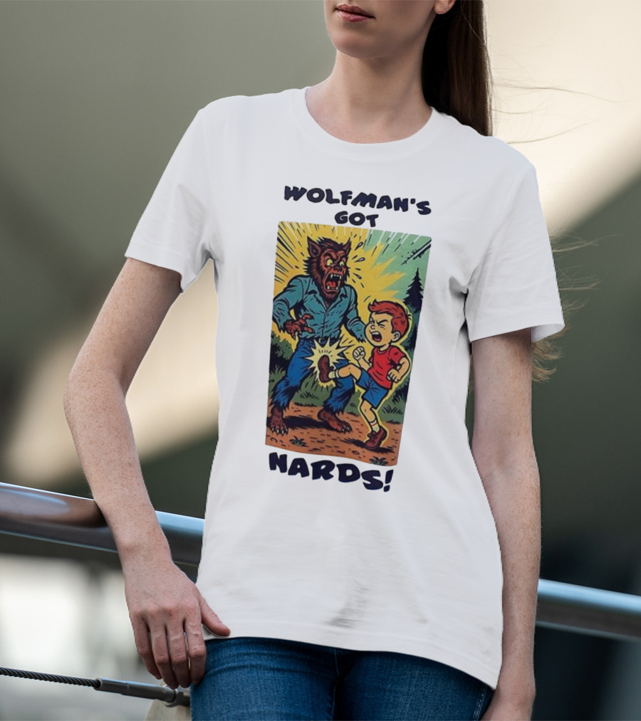 Wolfman’s Got Nards Vintage Comic Style Kid Kicking Wolfman T-Shirt
