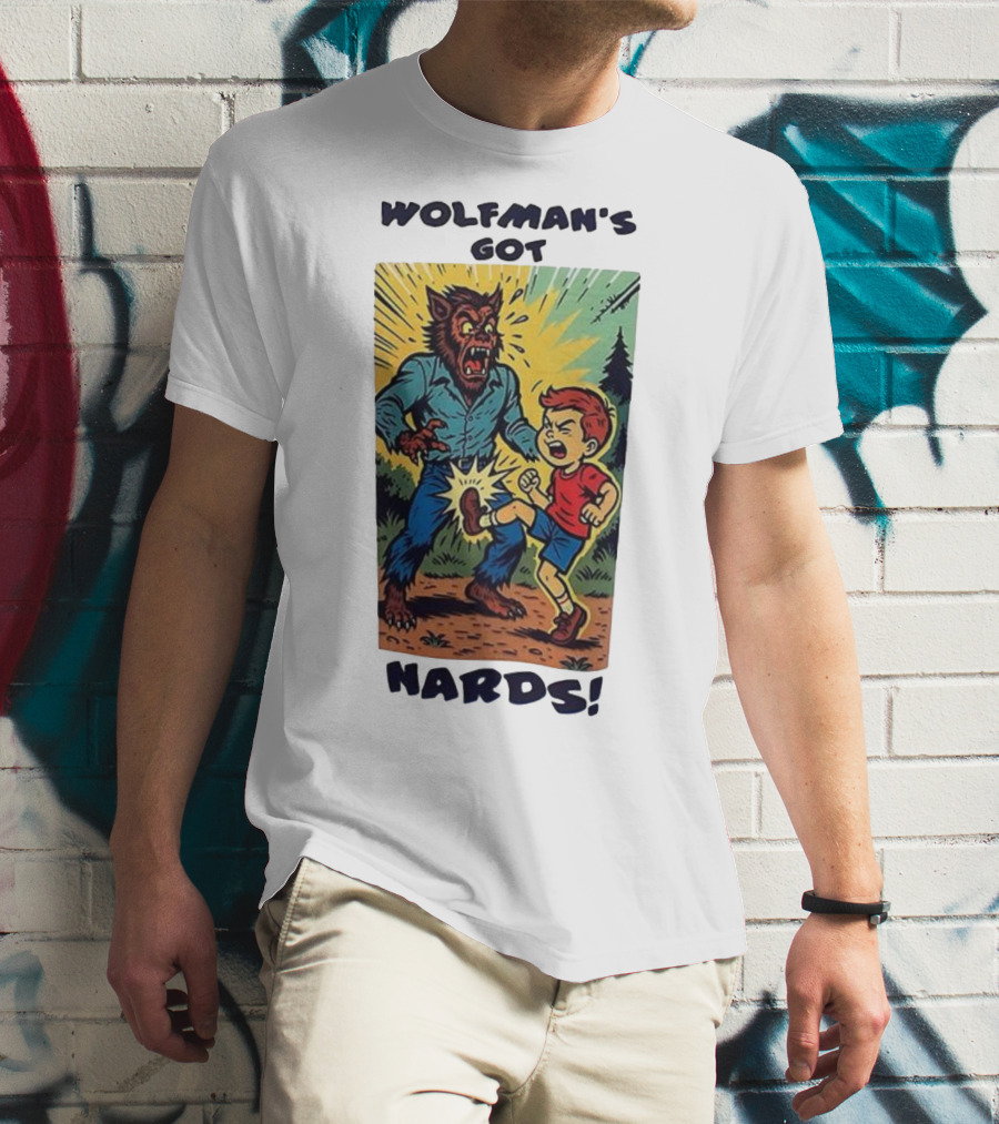 Wolfman’s Got Nards Vintage Comic Style Kid Kicking Wolfman T-Shirt