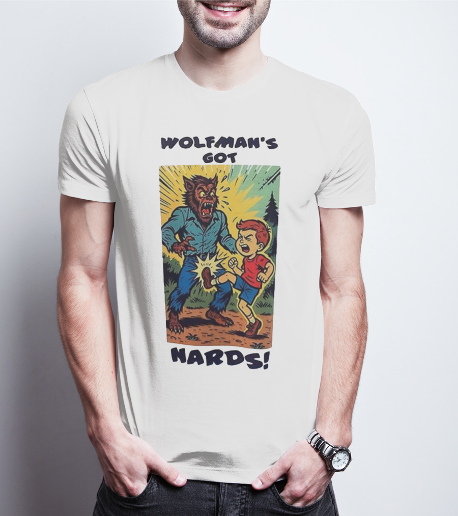 Wolfman’s Got Nards Vintage Comic Style Kid Kicking Wolfman T-Shirt