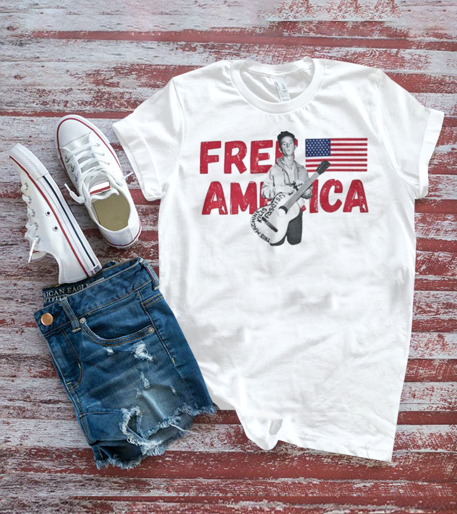 Woody Guthrie This Machine Kills Fascists Free America USA Flag T-Shirt