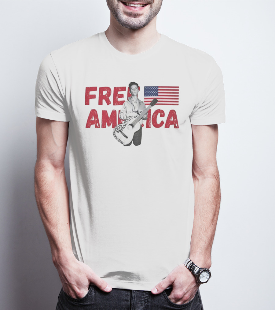 Woody Guthrie This Machine Kills Fascists Free America USA Flag T-Shirt