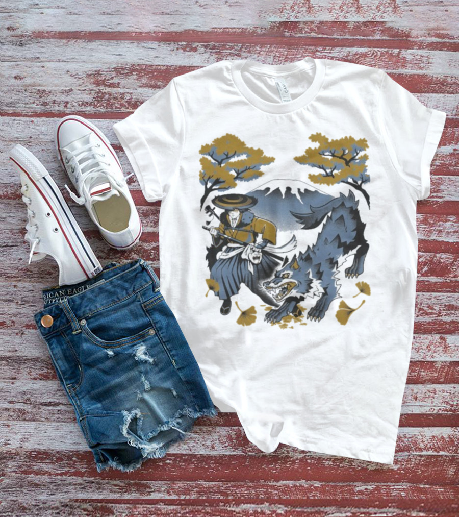 Ghost Of Yotei The Hunters Ukiyo-e Warrior With Wolf Mythical Scene T-Shirt