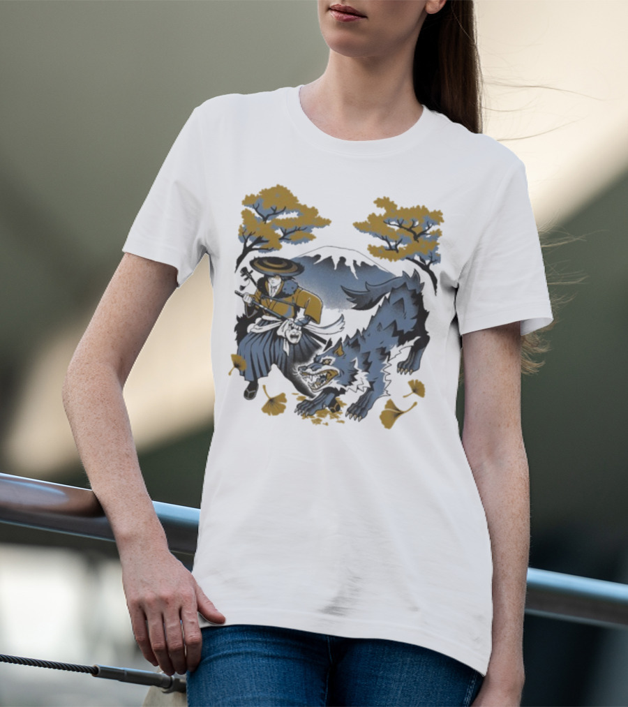 Ghost Of Yotei The Hunters Ukiyo-e Warrior With Wolf Mythical Scene T-Shirt