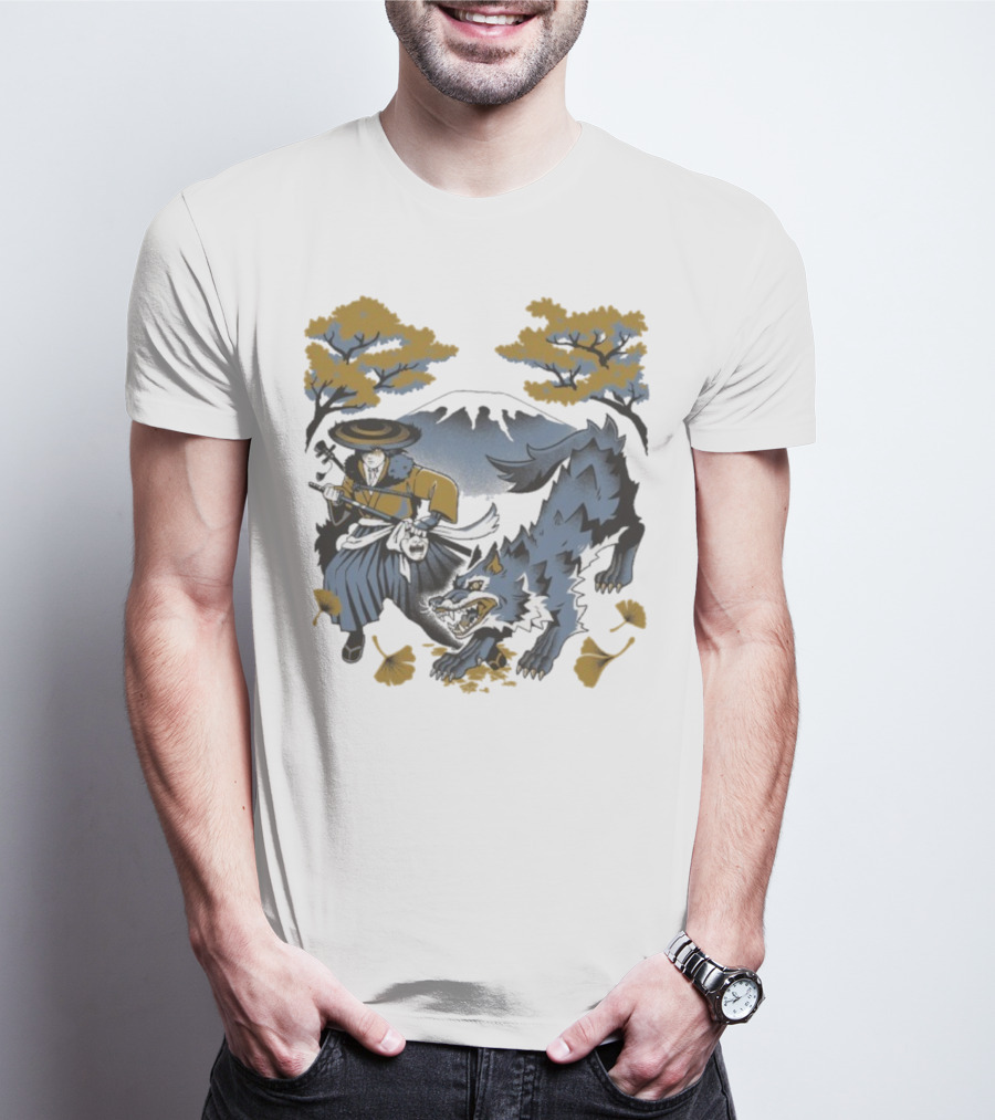 Ghost Of Yotei The Hunters Ukiyo-e Warrior With Wolf Mythical Scene T-Shirt