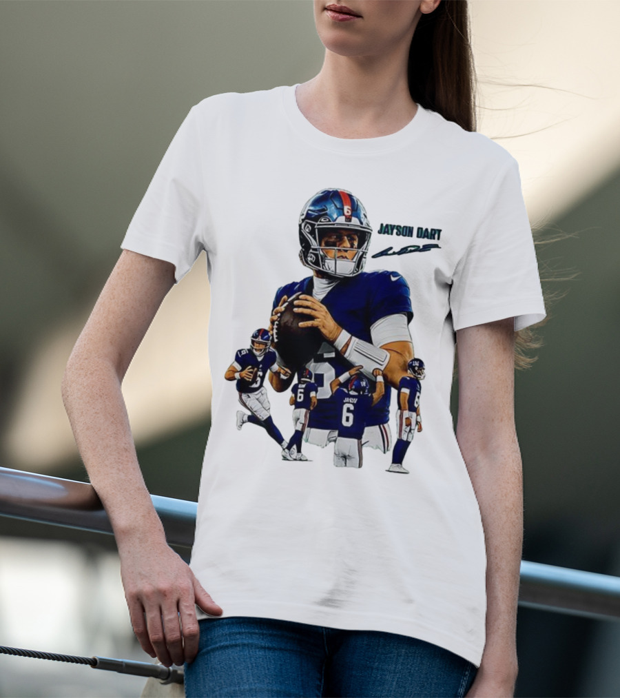 Jaxson Dart New York Giants NFL Football Signature Quarterback Action T-Shirt