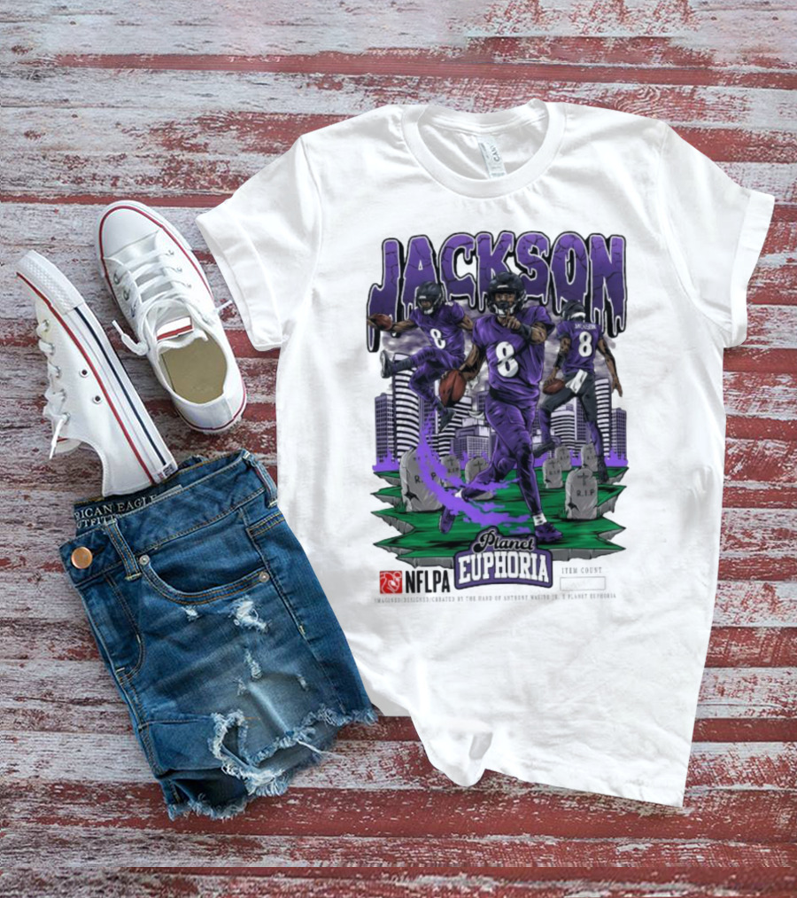 Lamar Jackson NFLPA Planet Euphoria Purple Football Action T-Shirt