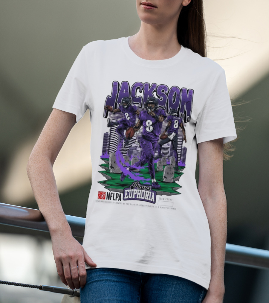 Lamar Jackson NFLPA Planet Euphoria Purple Football Action T-Shirt