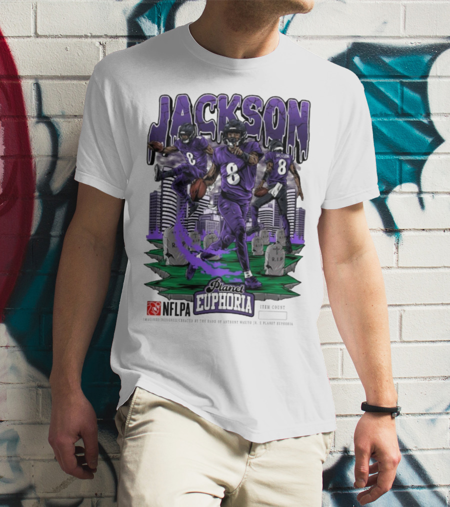 Lamar Jackson NFLPA Planet Euphoria Purple Football Action T-Shirt