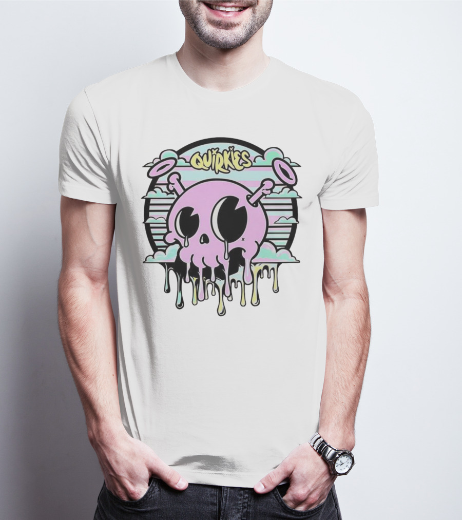 Quirkies Melting Skull With Two Crossbones Vintage Pastel Clouds T-Shirt