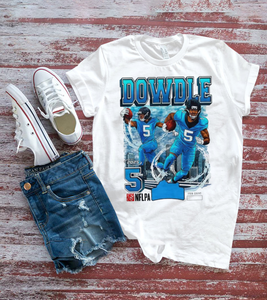 Rico Dowdle Carolina Panthers 2025 Number 5 Skyline NFLPA T-Shirt