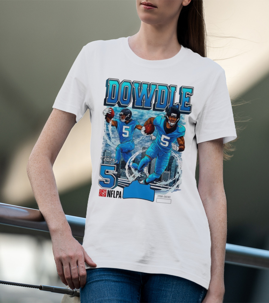 Rico Dowdle Carolina Panthers 2025 Number 5 Skyline NFLPA T-Shirt