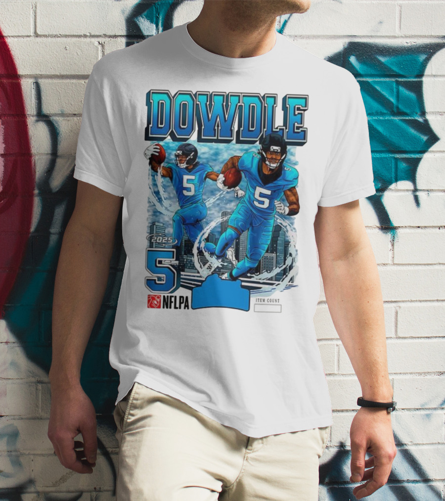Rico Dowdle Carolina Panthers 2025 Number 5 Skyline NFLPA T-Shirt