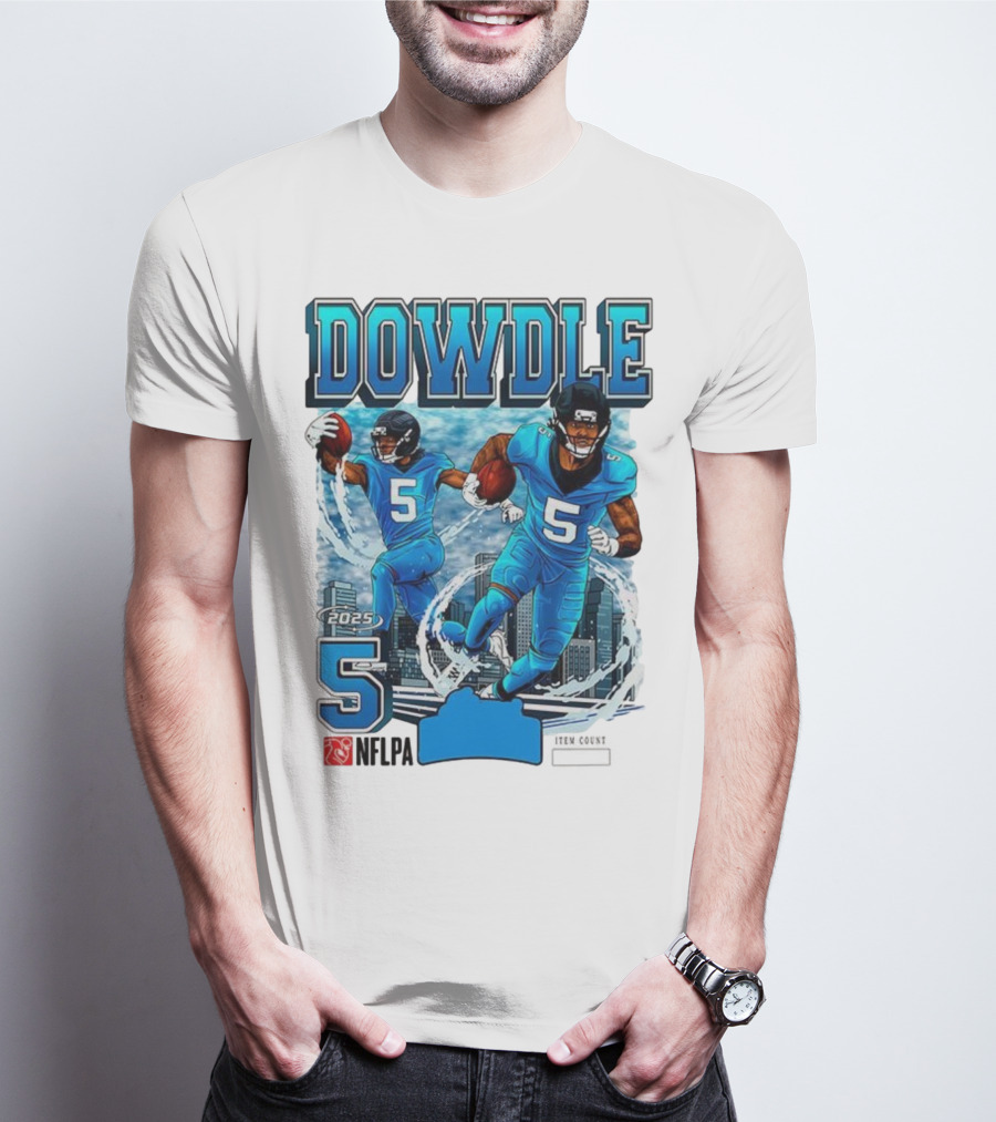 Rico Dowdle Carolina Panthers 2025 Number 5 Skyline NFLPA T-Shirt