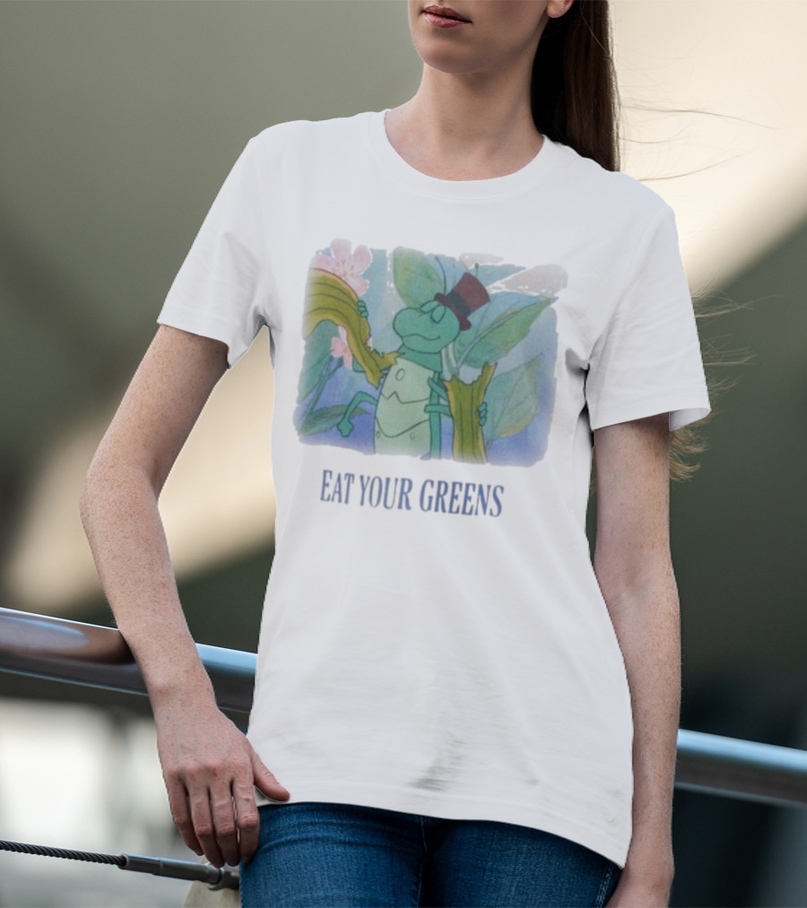 Eat Your Greens Cartoon Grasshopper Top Hat Celery Art T-Shirt