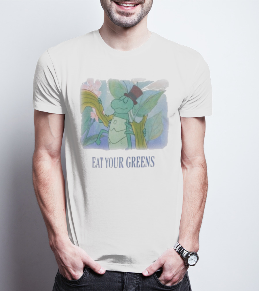 Eat Your Greens Cartoon Grasshopper Top Hat Celery Art T-Shirt