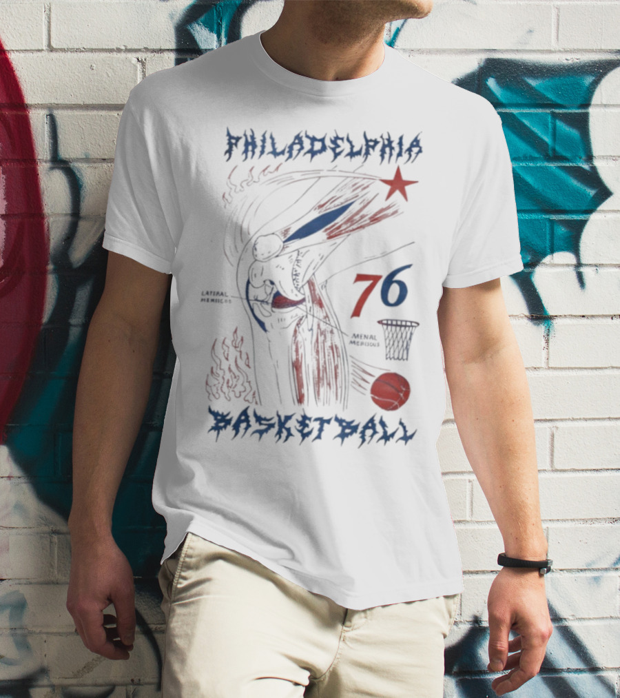 Philadelphia Basketball Red Blue Artistic 76 Star Knee Sketch T-Shirt