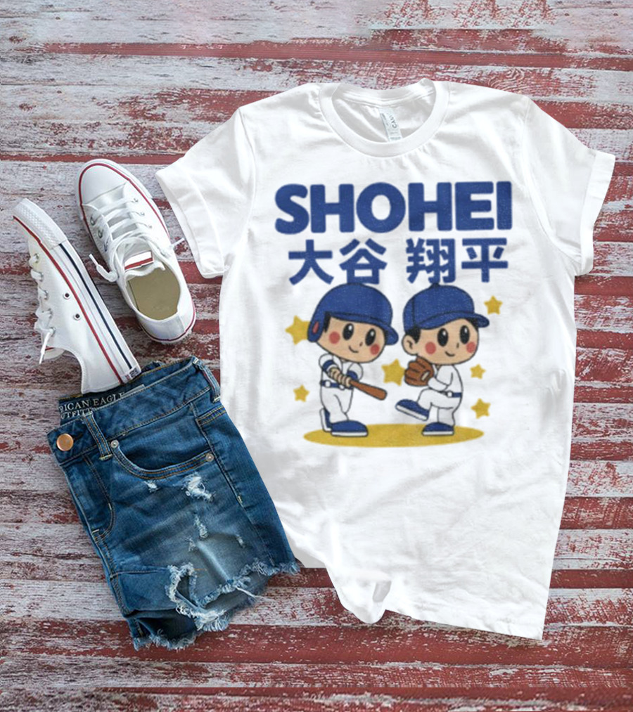 Shohei Ohtani Cartoon Baseball MLB Anime Style Kanji Stars T-Shirt