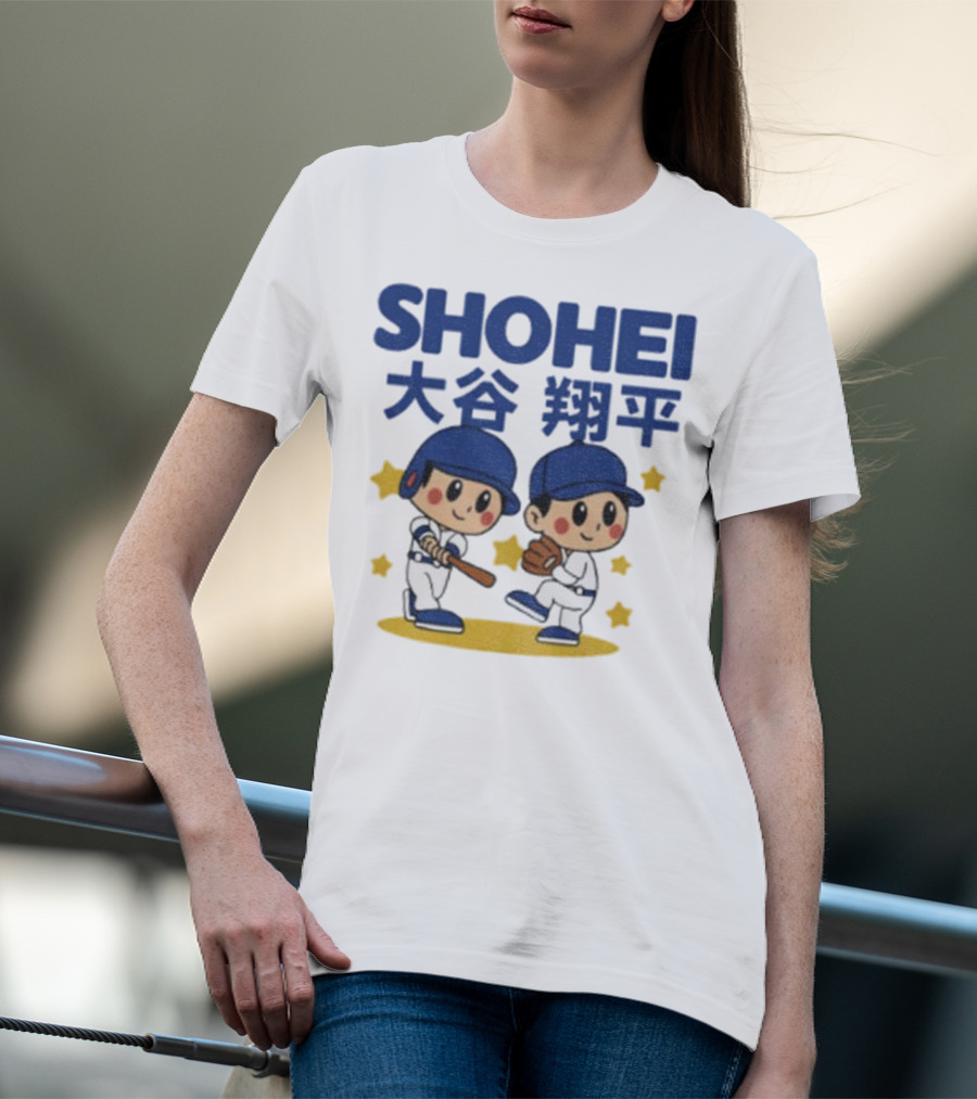 Shohei Ohtani Cartoon Baseball MLB Anime Style Kanji Stars T-Shirt
