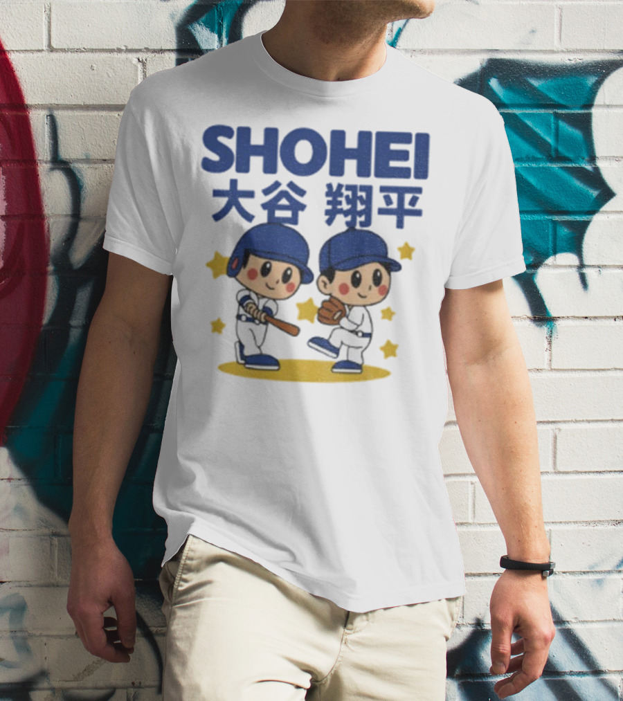 Shohei Ohtani Cartoon Baseball MLB Anime Style Kanji Stars T-Shirt