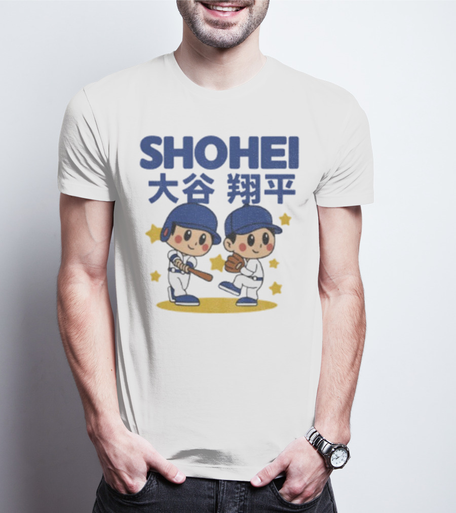 Shohei Ohtani Cartoon Baseball MLB Anime Style Kanji Stars T-Shirt