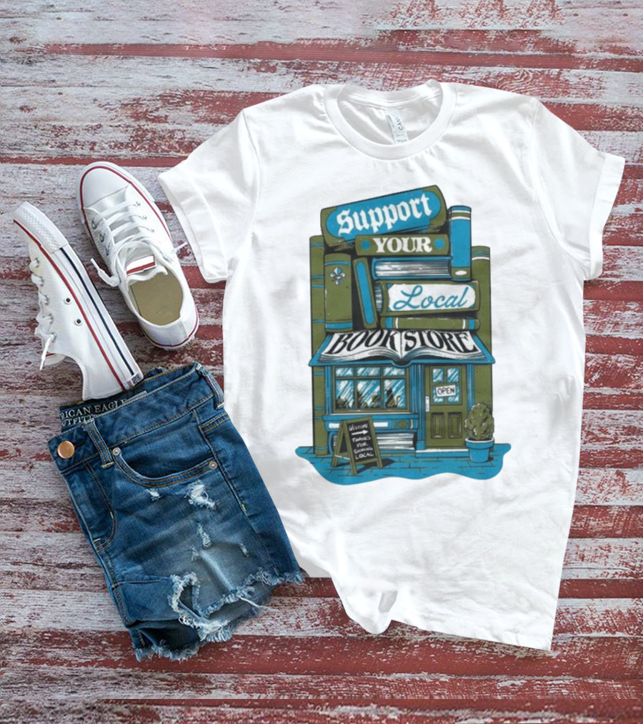 Support Your Local Bookstore Open Vintage Bookshelf Design T-Shirt